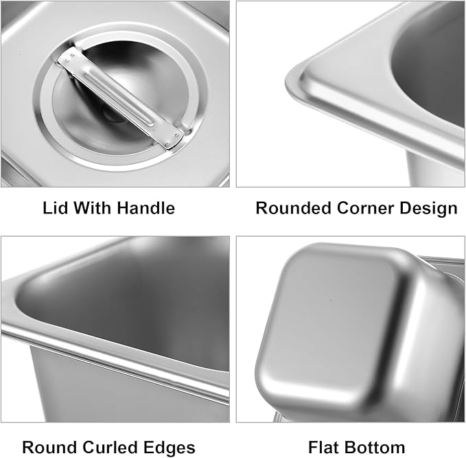 Maxdot 7 Set Stainless Steel Hotel Pan 1/2 1/4 1/6 Size 4 Inch Deep with Lids Stainless Steel Steam Table Pan Commercial Food Pans for Restaurant Catering Salad Bar Party Supplies Metal Steam Tray