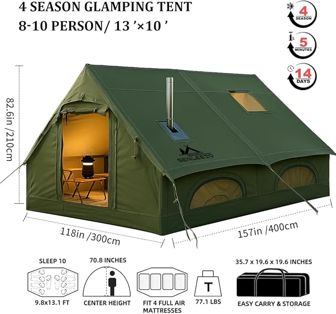 13' x 10' Large Inflatable Tent for Camping 8-10 Person 4 Season Inflatable Hot Tent with Stove Jack Easy Setup Blow Up Tents Hand Pump Inflatable House for Outdoors