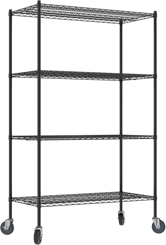 Commercial NSF Listed Black Epoxy Mobile Wire Shelving Kit 24 x 48 x 80 with 4 Shelves Perfect for Warehouse Walk-in Refrigerator Freezer Grocery Store Restaurant Dishroom