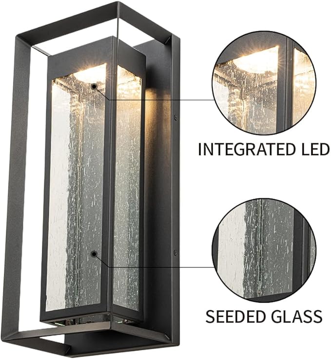 LED Outdoor Wall Lights Exterior Black Front Porch Light Wall Mount Modern Light Fixtures Large LED Wall Sconce with seeded Glass Outside Patio Lights Fixture for House Garage Entryway