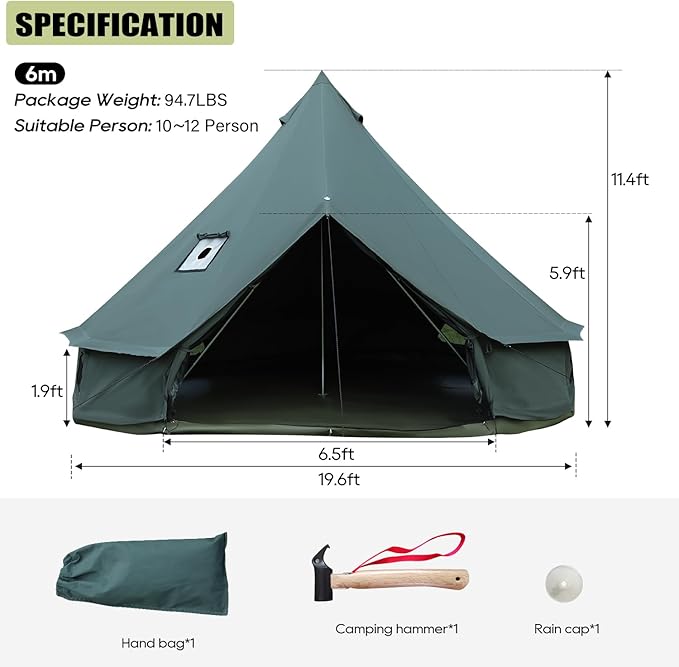 Luxury Cotton Bell Tent Yurt Canvas Tent with Stove Jack 4/6/8 Person Family 4 Season Camping