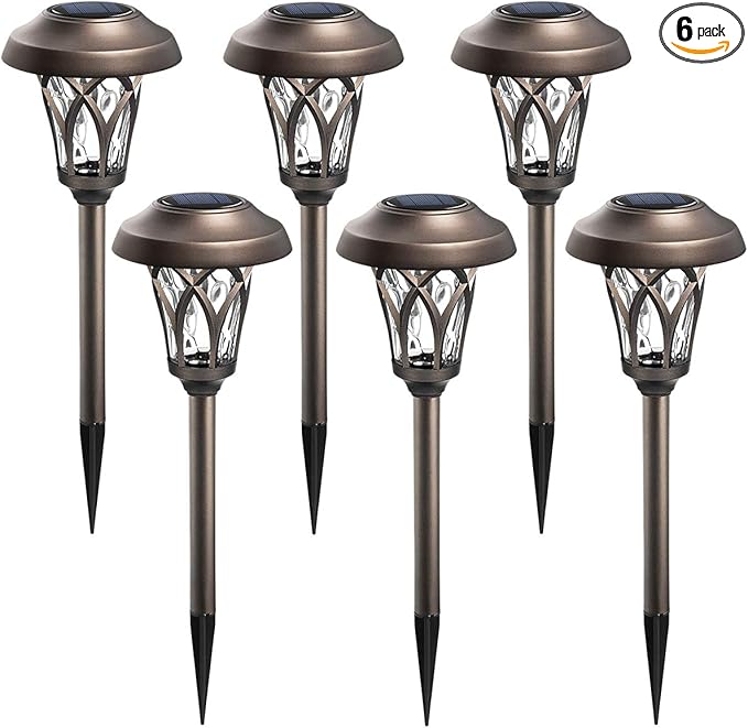 GIGALUMI 6 Pack Solar Pathway Lights Outdoor Metal Glass &amp ABS Solar Landscape Lights Waterproof IP65 Warm White Solar Powered Garden Lights for Yard Patio Walkway Driveway (Brown)