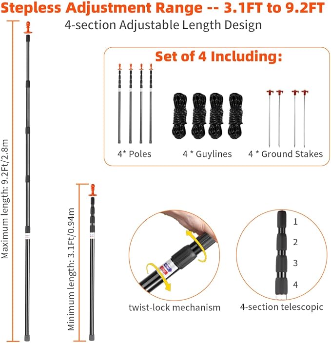 Heavy Duty Telescoping Tarp Poles Set of 4-4-Section Adjustable 3.1FT to 9.2FT Aviation Aluminum Tent Poles for Camping Awning Rain Fly Sun Shade Canopy with Stakes &amp Guylines