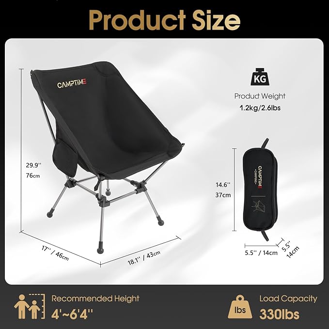 Portable Camping Chair Plus Larger &amp Roomier Compact and Lightweight Folding Chair for Backpacking &amp Hiking 330Lbs Capacity Black