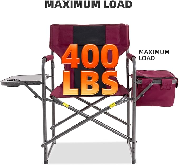 Director Camping Chair with Cooler Bag &amp Foldable Side Tray - 400lbs Heavy Duty Outdoor Folding Lawn Chair Portable Camp Chair for Backyard Fishing Beach (Wine Red)