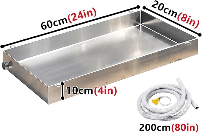 304 Stainless Steel AC Drain Pan 4 Height Leakproof with Flexible Hose Welded Lugs Ideal for Air Conditioners Kitchens &amp Plants (60x20cm / 24x8in)