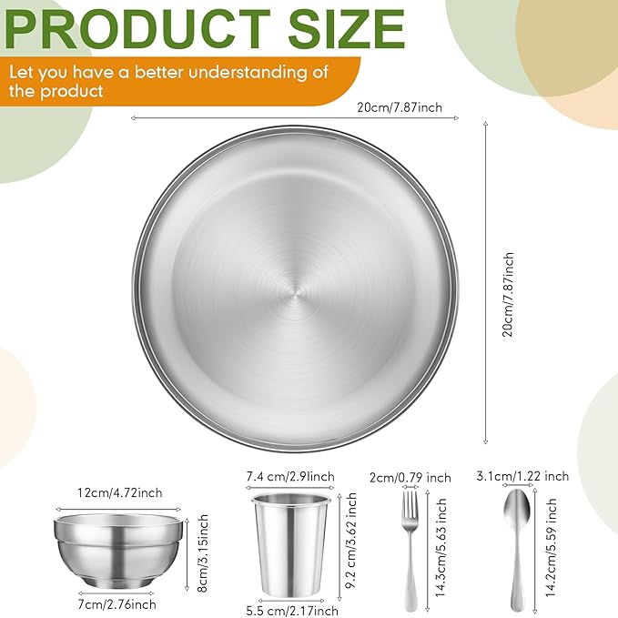 Jinei 50 Pcs Stainless Steel Dishes Set 10 Stainless Steel Plates 10 Bowls 10 Cups 10 Spoons 10 Forks Dishwasher Safe Durable Dinnerware Set for Home Travel Camping (Casual)