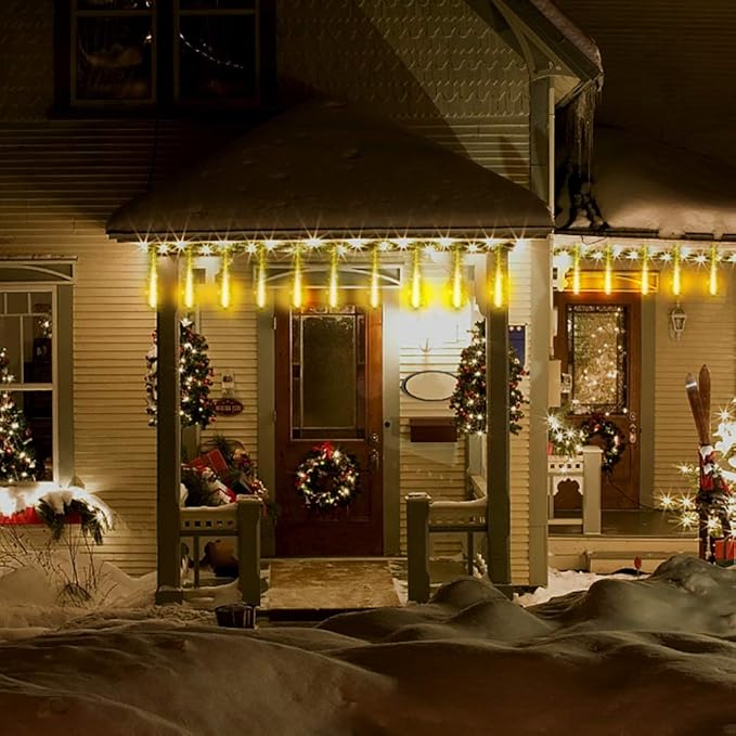 Kwaiffeo Warm White Christmas Lights Outdoor 24 Tubes(Equivalent to 3 Sets of 8-Tube) LED Meteor Shower Lights for Xmas Wedding Party Decorations Warm White Fairy Icicle Light for Yard Outside