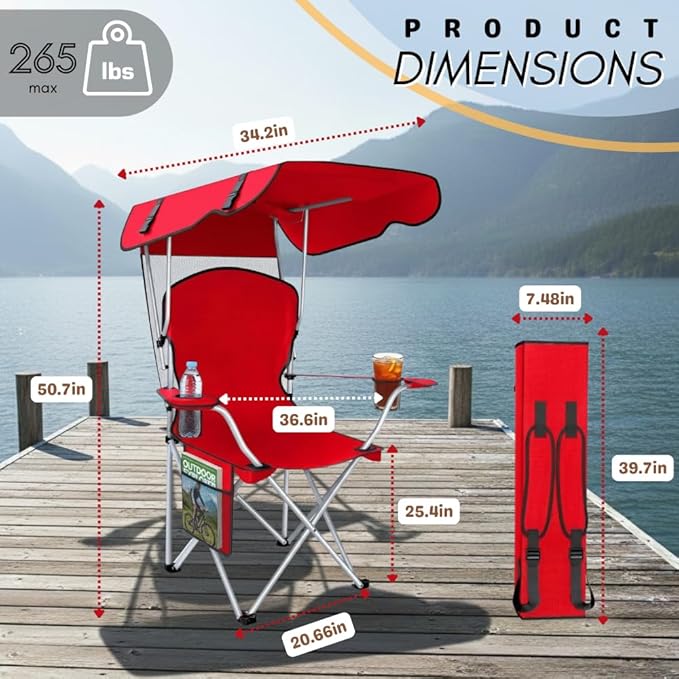 Portable Folding Camping Chairs with Canopy Shade Beach Chair for Adults Durable Weather Resistant 600D Oxford Cloth Camping Chair with Canopy for Outdoors [Red]