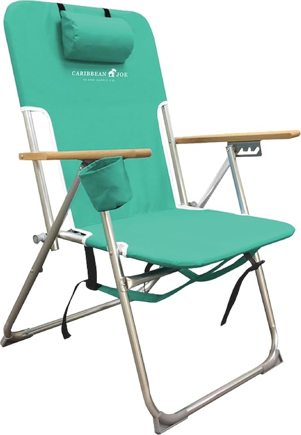 CARIBBEAN JOE Folding Beach Chair 4 Position Portable Backpack Foldable Camping Chair with Headrest Cup Holder and Wooden Armrests