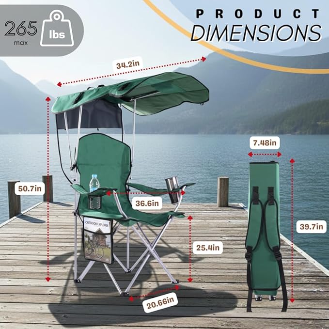 Portable Folding Camping Chairs with Canopy Shade Beach Chair for Adults Durable Weather Resistant 600D Oxford Cloth Camping Chair with Canopy for Outdoors [Green]