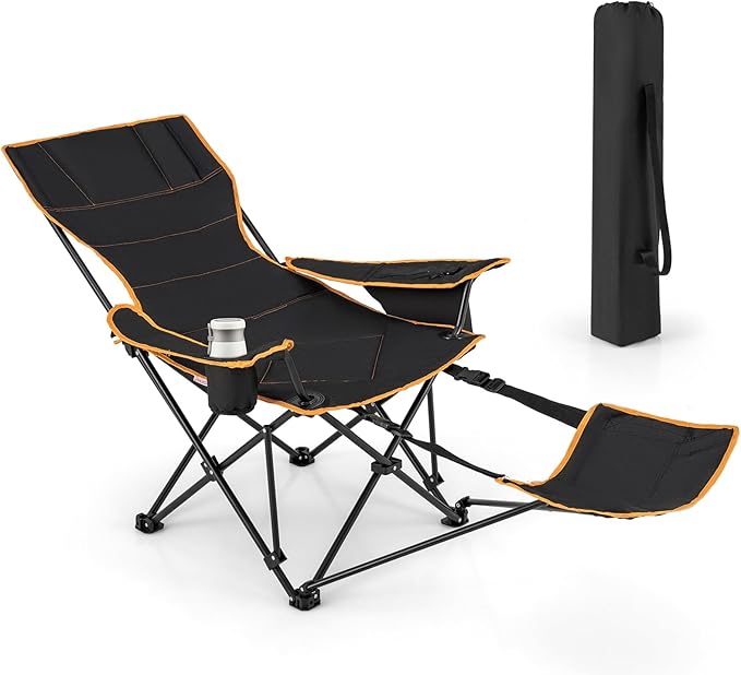 Goplus Reclining Camping Chair with Removable Footrest 2-in-1 Folding Lounge Chair w/Adjustable Backrest Storage Bag &amp Cup HolderPortable Recliner Cozy Lounge Chair for Picnic Fishing (1)