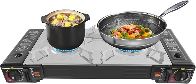 2 Burner Butane Stove Butane Camping Stove with Grill Tray and Carrying Case Portable Camping Stove Outdoor Travel Gas Stove for Camping Home BBQ