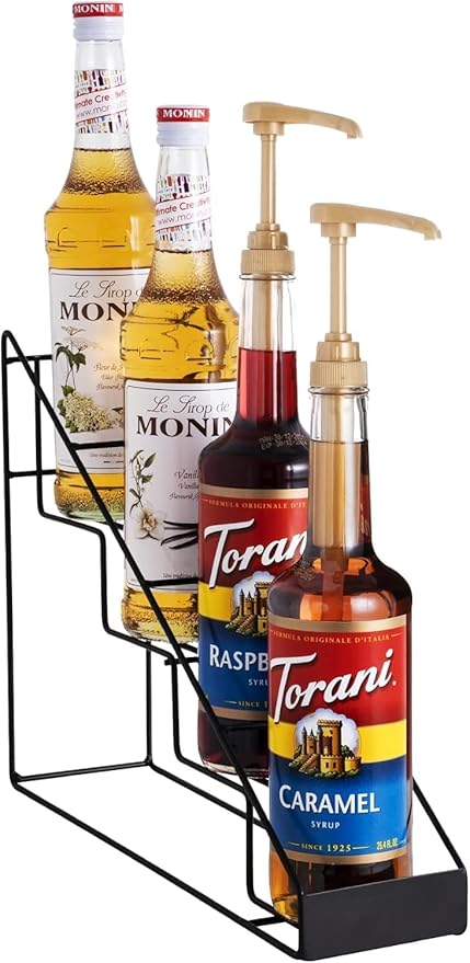 Coffee Syrup Rack &amp Syrup Holder – Loved by 5000+ Coffee Fans! Stepped Rustproof Rack Fits 750ml Torani &amp Monin Bottles Elevate Coffee Bars Kitchens Pubs Restaurants &amp Parties (4 Bot