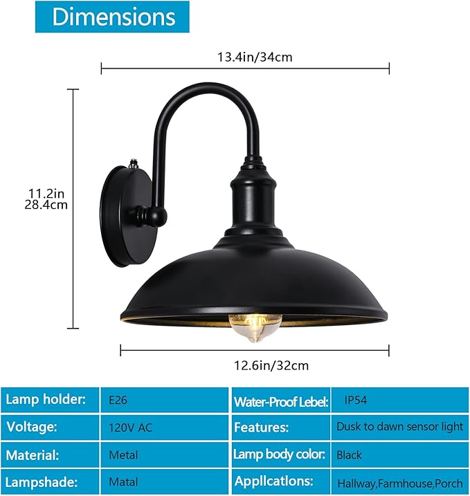 12.6 Large Outdoor Gooseneck Barn Light Fixture Porch Light with Dusk to Dawn Black Classic Retro Style Exterior Light is Suitable for Garage Patio Porch.