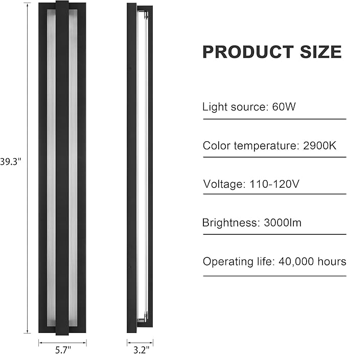 LamQee 39.3 Aluminum Long Outdoor Modern LED Wall Lights with Ribbed Glass 2900K 3000LM Linear Exterior Lighting Fixture Wall Mount IP65 Waterproof Black Outside Sconce for House Porch Garage Patio