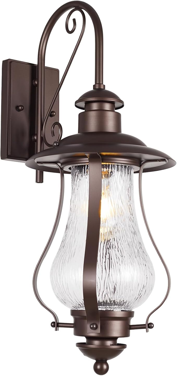 Treekee Outdoor Wall Light Fixture Vintage Wall Exterior Lantern with E26 Socket &amp Wood Grain Glass Matte Brown Rustic Wall Sconce Farmhouse Porch Lamp for Patio Garage Yard Front Door