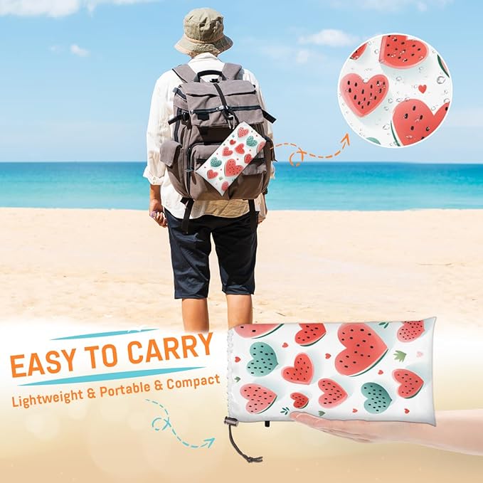 Waterproof Sandproof Beach Blanket 59''×68'' Frui Polyester Outdoor Picnic Blanket with 4 Stakes &amp Storage Bag for BeachCampingVacation Love Watermelon