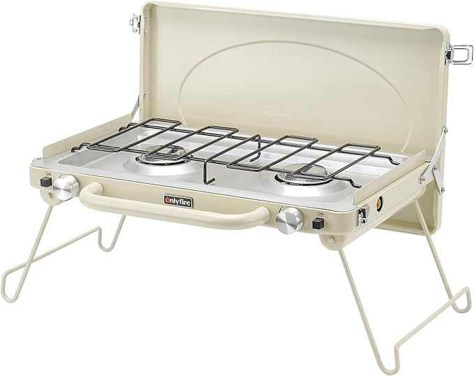 ONLYFIRE OUTDOOR LIVING Portable Camping stove 2-Burner Propane Gas Stove with Foldable Legs Camp Stove for Camping Patio Backyard Picnic Tailgating RV BBQ GS331 Off-white