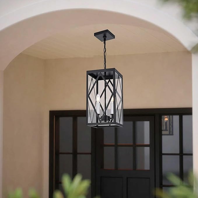 3 Light Outdoor Pendant Lights for Porch 15.7'' Waterproof Exterior Hanging Porch Lights Ceiling Mount Outdoor Chandelier with Clear Glass for Front Porch Gazebo Patio White Socket