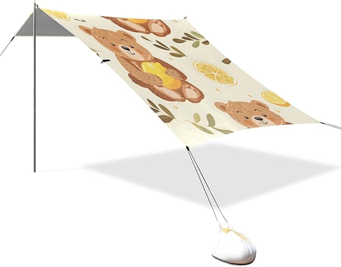 Cute Cartoon Bear Holding Lemon Camping Sun Shelter Beach Tent Portable Beach Sun Shade Outdoor Canopy for Camping Trips Fishing Picnic