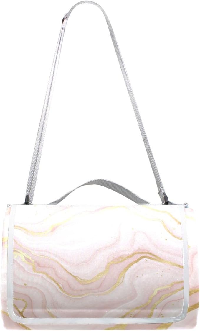 MNSRUU Picnic Blanket Waterproof Foldable Marble Pink Large Outdoor Picnic Beach Camping Blanket Travel Mat Shoulder Strap Tote Rectangle 57x59in