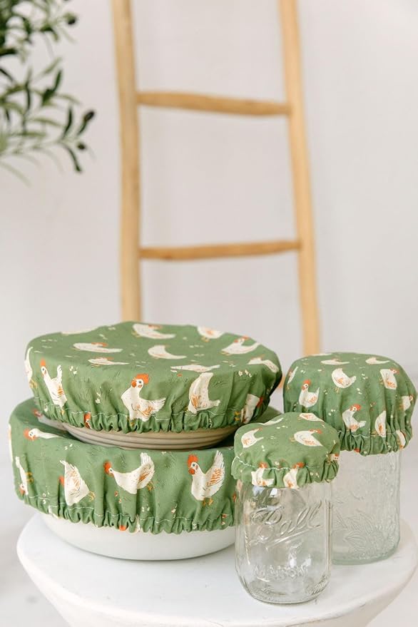 (4-Pack) Sourdough Reuseable Jar &amp Bowl Covers | Cute Baking Gift | 100% Cotton | Washable | Bread Proofing | Kitchen Food Storage Gifting | Starter Cover Lid Kit (Chickens)