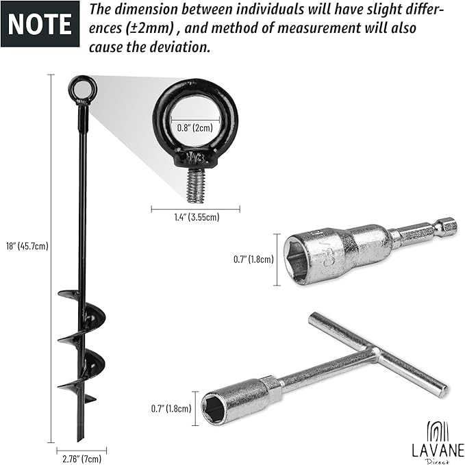 18 inch Trampoline Stakes Kit LA VANE 4-Pack Spiral Ground Anchors Tent Stakes Heavy Duty Screw in Earth Anchors High Wind Metal Auger Anchor for Shed Swing Sets Carports Camping Tent Canopies