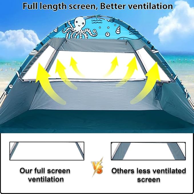 Ocean World 3-4 Person Family and Baby Beach Tent – Cool Beach Essentials for Shade UPF 50+ UV Protection and PU800 Waterproof Portable Pop Up Sun Shade Cabana Shelter for Kids and Toddlers
