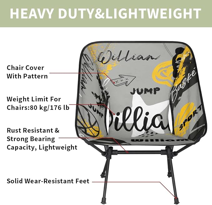 Custom Camping Chair Personalized Portable Backpacking Chair with Name Lightweight Folding Chair for Beach Hiking Basketball Ball