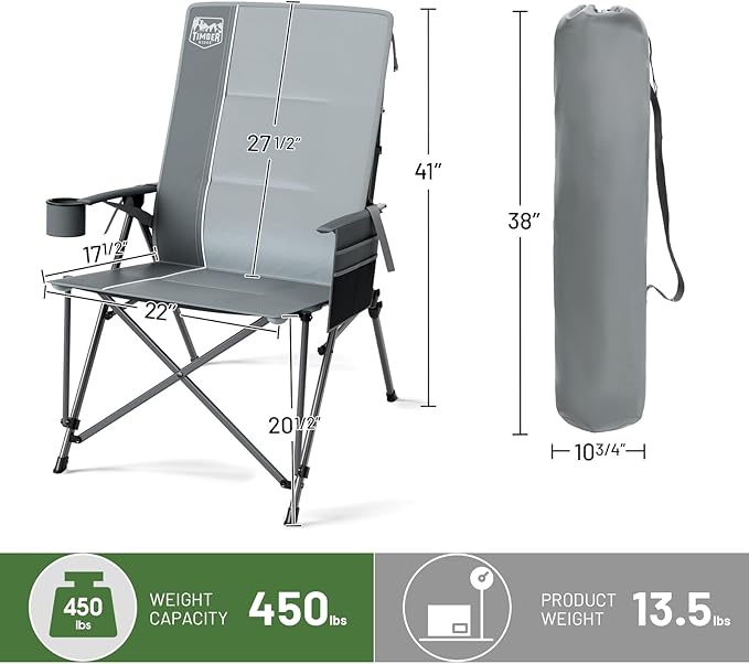 TIMBER RIDGE Oversized Camping Chair with Lumbar Support Portable Folding Chair Heavy Duty for Adults Supports 450 LBS for Outdoor Camping Lawn with High Back Cup Holder Side Pocket Grey