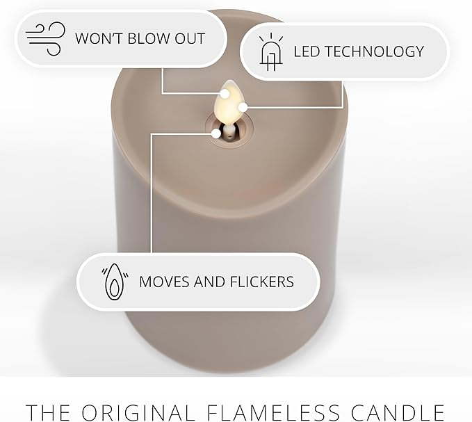 Luminara Outdoor Flameless LED Candle Timeless Taupe 3.25 x 5 Moving Flame Pillar Timer Battery Operated Premium Plastic IPX4 Water Resistance