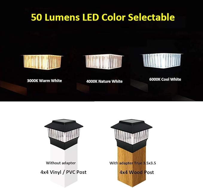 4-Pack Solar Post Cap Lights for 4x4 Posts &amp 3.5x3.5 Wood Posts 50 Lumen 3-Color Adjustable (3000K/4000K/6000K) Waterproof LED Lamps Black Matte Finish No Wiring Needed - Auto On/Off