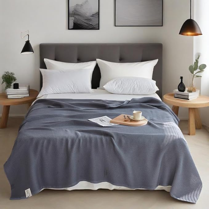 Bnitoam 100% Cotton Waffle Weave Blanket for Bed Couch Sofa 80x92 Ultra Soft Breathable Cooling Cellular Blanket for Adult Lightweight All Season Machine Washable (Grey 80x92)