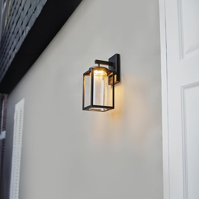 Globe Electric 44359 Capulet LED Integrated Outdoor Indoor Wall Sconce Black Clear Bubble Glass Center Column Dimmable 12W 850 Lumens