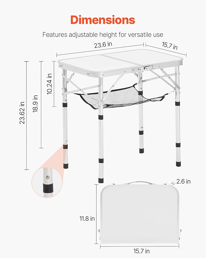 VEVOR Folding Camping Table Adjustable Height Aluminum MDF Outdoor Portable Lightweight for Cooking Beach Picnic Travel 24 x 16 inch