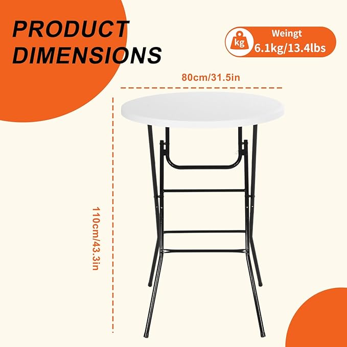 Nice C Plastic High Top Round Table Portable Cocktail Bar Table 31.5 Folding Counter Height Tables Waterproof Outdoor/Indoor Tables for Parties Weddings Camping Backyard (White 2 Pack)