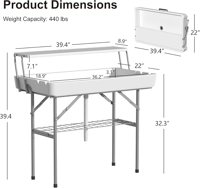 Ice Cooler Table with Drain Two-Tier Plastic Folding Tables with Removable Matching Skirt and Shelf Indoor Outdoor Use for Party Camping Picnic Fishing Cleaning 440 lbs Capacity