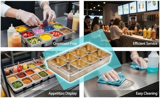 8-Compartment Stainless Steel Yakumi Pan 20.29 Oz / 600 Ml Each Section with Clear Lid and Spoon Commercial Condiment Containers for Tea Ice Jelly Shops
