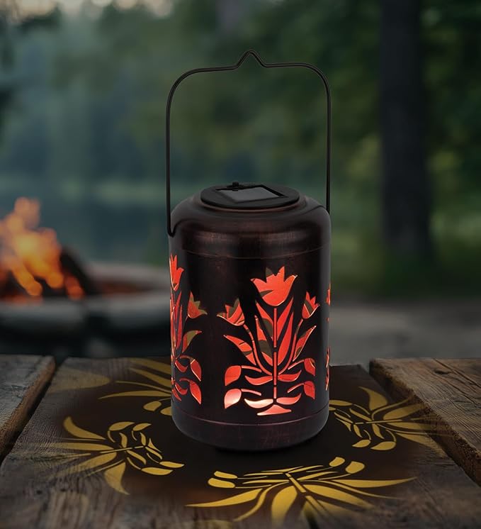 Regal Art &amp Gift Solar Flower Shadow Lantern Outdoor Waterproof Garden Décor Ideal Gift for Women Mom Grandma – Hanging Metal Solar Lights for Yard Patio Backyard Porch Red