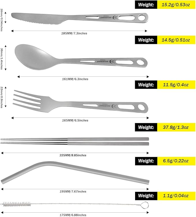 SILVERANT Titanium Camping Flatware Titanium Spork Spoon Chopsticks Knife Straw Cutlery Set PortableTableware for Lunch Box Outdoor &amp Hiking Comes with Drawstring Bag &amp Carabiner- Sandblaste