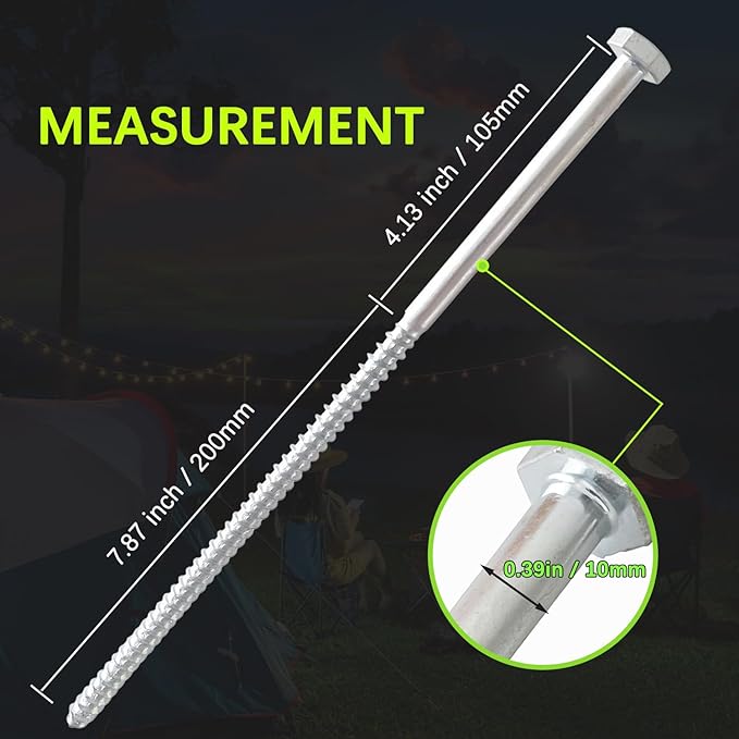 12pcs 3/8 x 12 inch Heavy Duty Camping Ground Anchors Non-Rust Tent Stakes Screw in Kit for Securing Animals Trampoline Carports Canopies Sheds Swing Sets Ground Anchors for High Winds