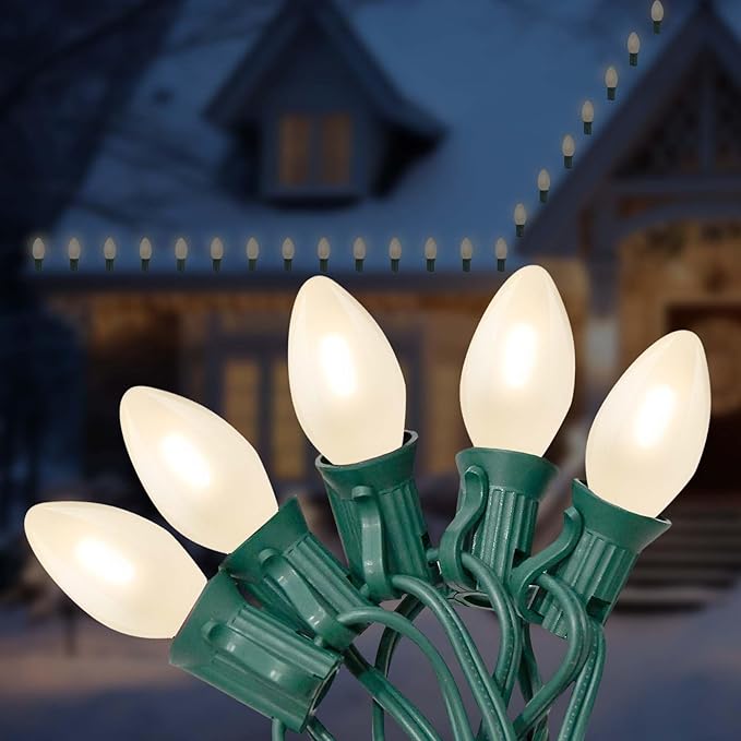C7 LED Christmas Lights 25Ft Vintage C7 Christmas Lights with 27 LED Frosted White Bulbs Hanging Connectable Xmas String Light for Patio Garden Holiday Home Xmas Decor