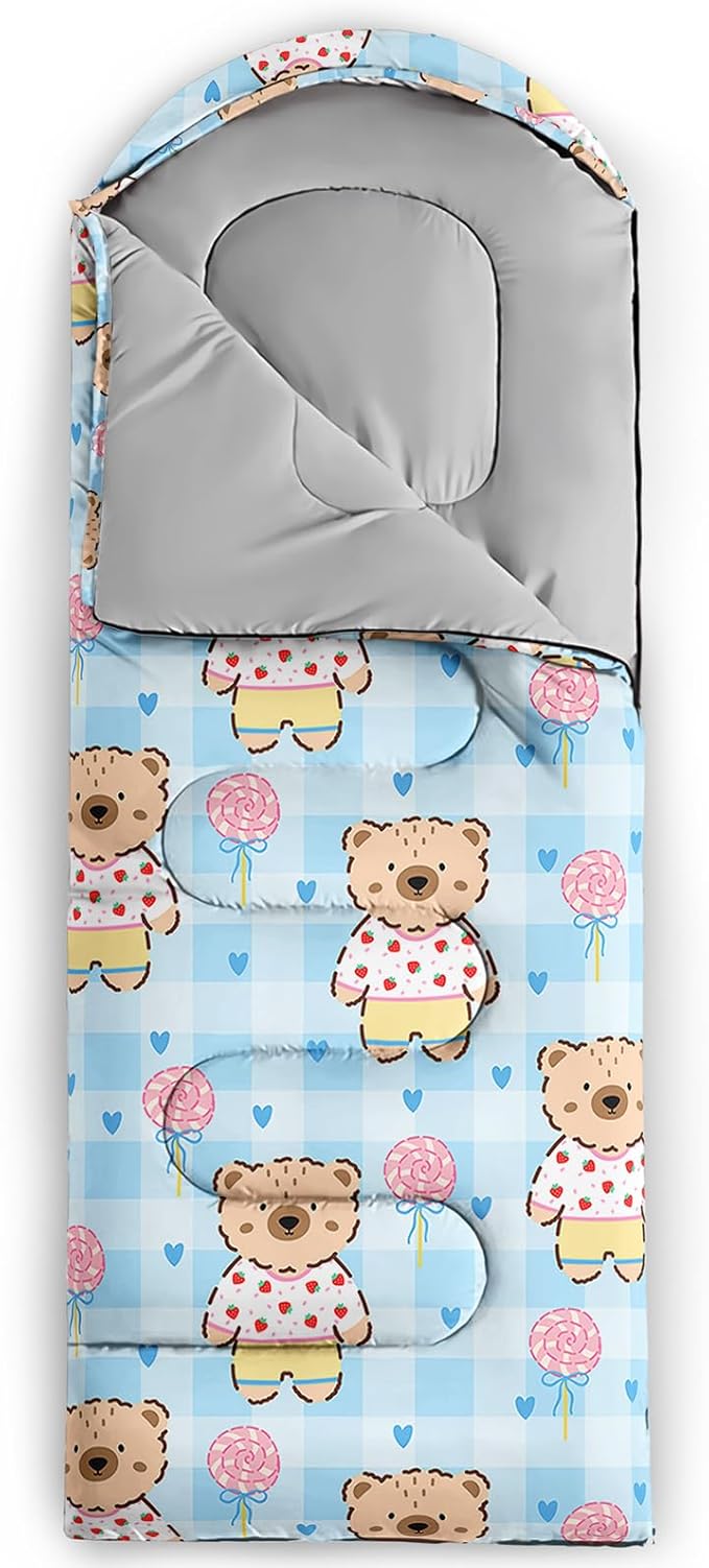 Cute Bear Sleeping Bag for Girls KidsKawaii Milk Tea Waterproof Portable Camping Bag3 Season Warm Cool Weather Lightweight Compact Camping Essentials Gear for Travelling Hiking Yellow