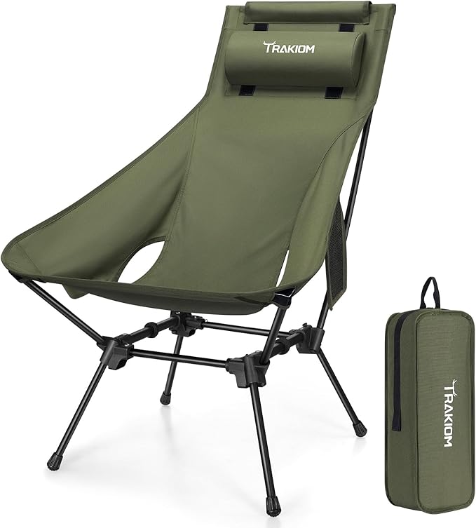 High Back Portable Compact Camping Chair Lightweight Green Folding Chair with Head Support &amp Widened Seat Adjustable Head Support for Beach Camping Festival Hiking and Outdoor Travel
