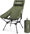 High Back Portable Compact Camping Chair Lightweight Green Folding Chair with Head Support &amp Widened Seat Adjustable Head Support for Beach Camping Festival Hiking and Outdoor Travel