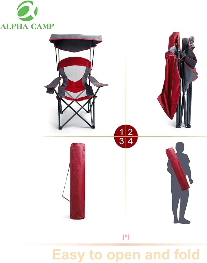 ALPHA CAMP Camp Chair with Shade Canopy Folding Camping Chair with Cup Holder and Carry Bag for Outdoor Camping Hiking Beach Heavy Duty 300 LBS Red