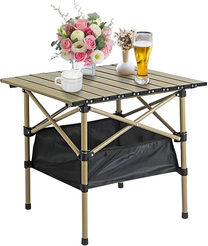 Folding Camping TablePortable Camping TableLightweight Aluminum Folding BeachEquipped with Storage Net Pocket Suitable for Outdoor(Beige 20 * 20 INCH)