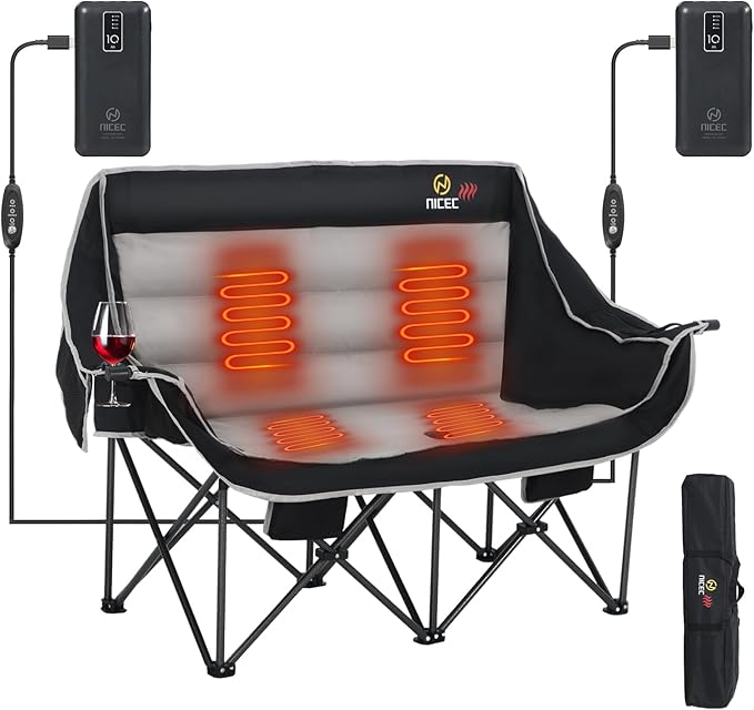 Nice C Heated Camping Chair with Battery Outdoor Heated Folding Chairs Double Padded Camping Chair for Adults Camping Couch with Cooler Bag 2 Power Banks Included (Black&ampGrey)