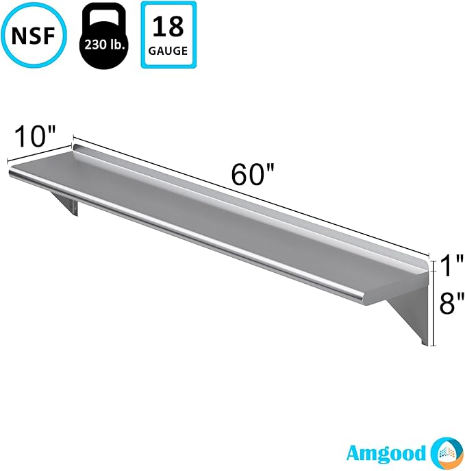 AmGood 10 X 60 Stainless Steel Wall Shelf | NSF | Metal Shelving | Garage Laundry Storage Utility Room | Restaurant Commercial Kitchen